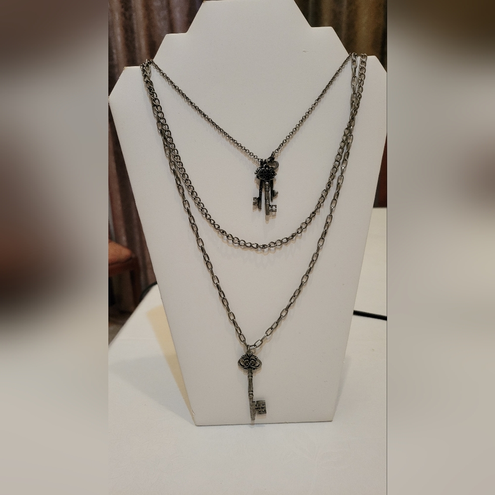 Cookie Lee Antique Silver Keys Multi-Layer Chain Necklace